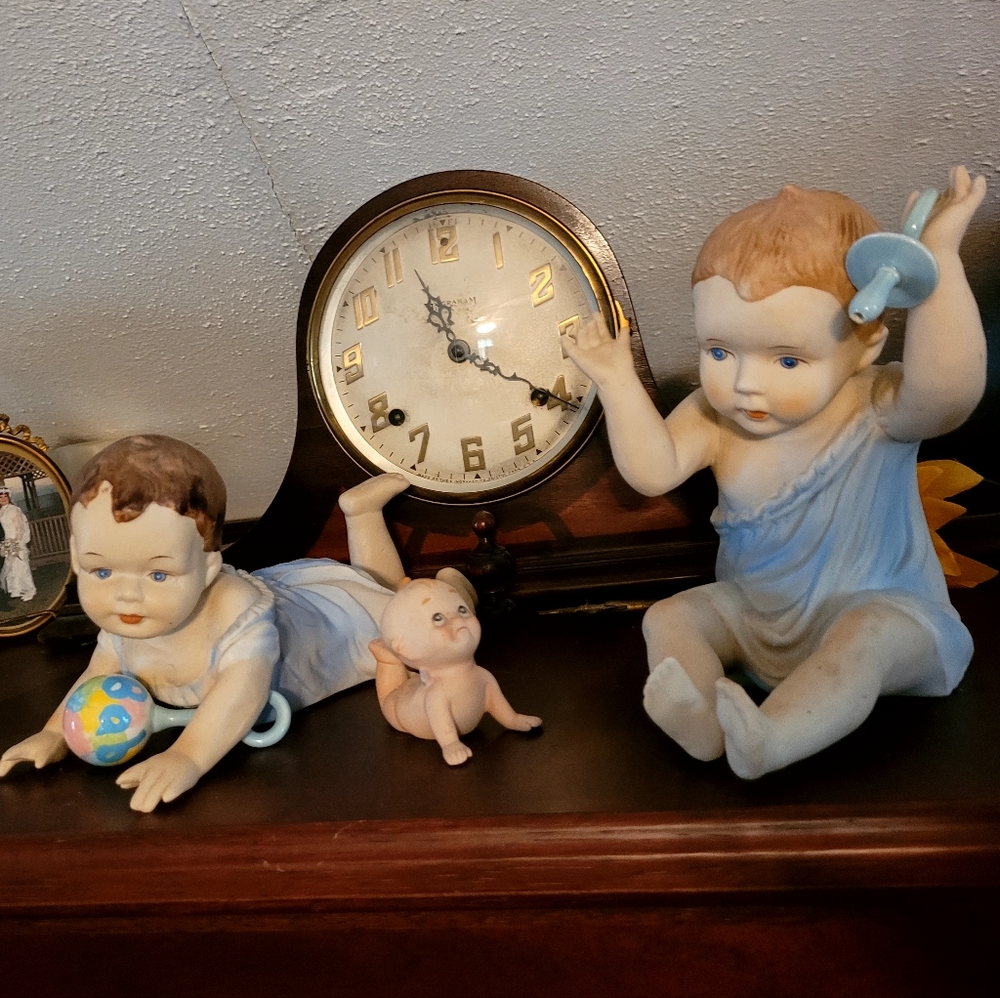 TWIN PIANO BABIES with Kewpie doll, rattle, bottle, and binkie
